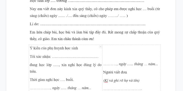 Mẫu đơn xin phép nghỉ học cho học sinh, sinh viên (Mẫu viết sẵn)