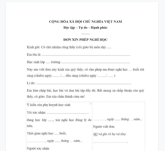 Đơn xin phép nghỉ học