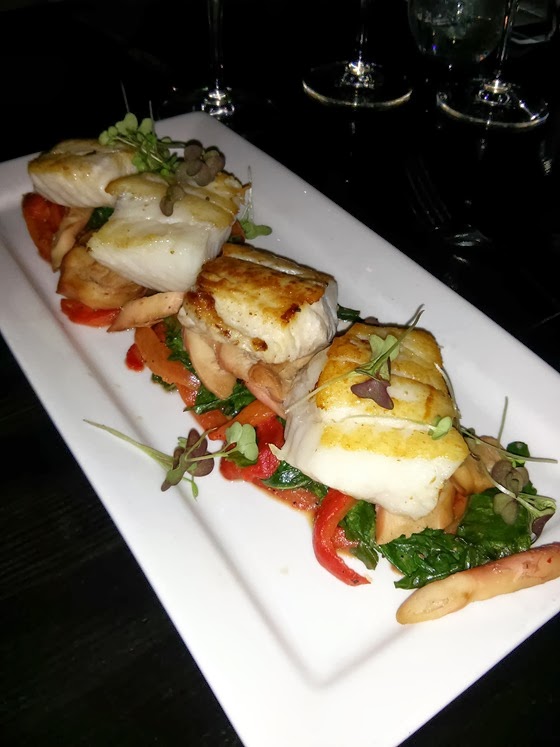 Local Lounge: Roasted Ling Cod with Sauteed Kale, Honey-Glazed Charred Octopus, and Fester's Red Pepper Bisque