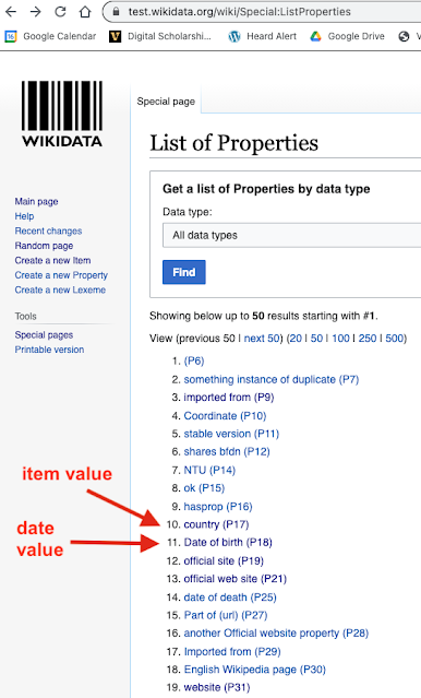 List of Properties page showing Item and Date valued properties