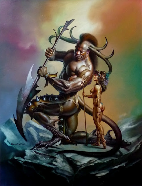 A very large muscular figure with antlers, dragon's feet, and a tail in thigh armor is holding a large bladed weapon while kneeling next to a smaller individual with colors in their hair and horns, breast ornaments, and a deer-skull headed spear, all surrounded by rocky landscape and colorful sky.