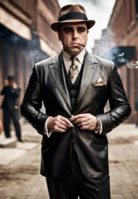 Al Capone wearing a black leather suit and smoking a cigar buttoning up the Blazer