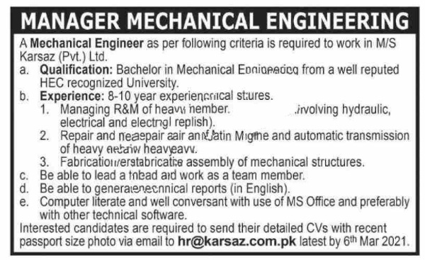 Latest Mechanical Engineering Jobs Haripur 2021