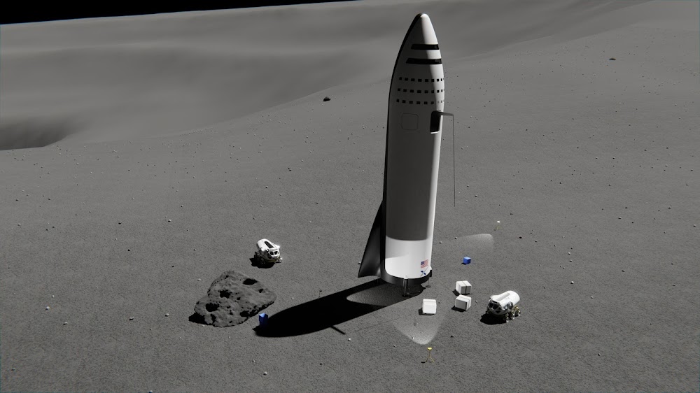 Unloading cargo from SpaceX BFR spaceship at Moon Base Alpha