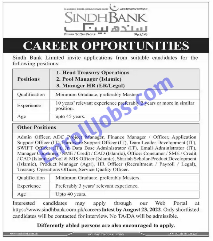 Sindh Bank Jobs 2022 - Sindh Bank Limited Jobs opportunity