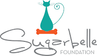 A logo for the Sugarbelle Foundation with a light blue cat at the top and the tail is curled.