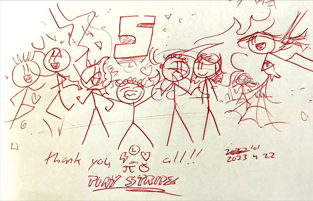 [Life, Fred, Alex, Max, Grady, Elaine, a silhouette in the background, and Amanda and Spider-Fish stand celebrating the fifth anniversary of Tiny Stripz. Max is using his electric life magic and fiery time magic.] \n Caption: thank you all!! TINY STRIPZ