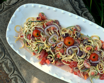 Spiral Zucchini Noodle 'Zoodle' Greek Salad, another healthy salad ♥ AVeggieVenture.com, a Greek salad gone spiral. It's the salad of the summer!