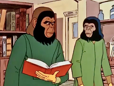 Cornelius, holding an open book, and Zira, both chimpanzees with dark hair, glance at each other in their laboratory.