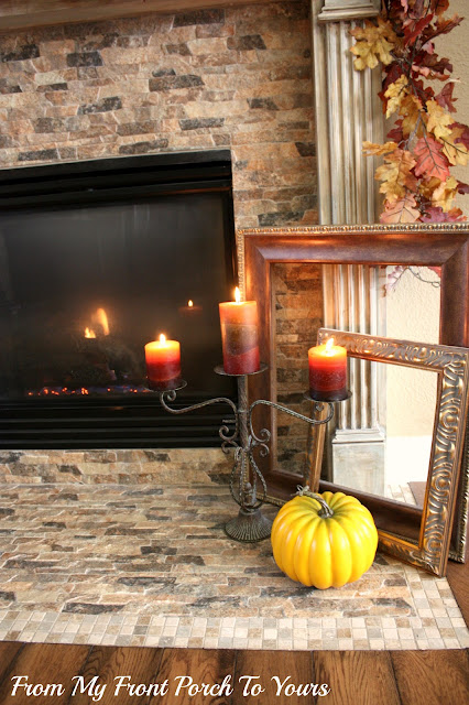 Fall-Vignette-Candle-Pillar-French -Country -Fall- Mantel- From My Front Porch To Yours