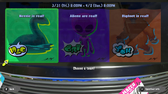 Splatoon 3 Splatfest which is real Nessie Aliens Bigfoot voting booth team selection