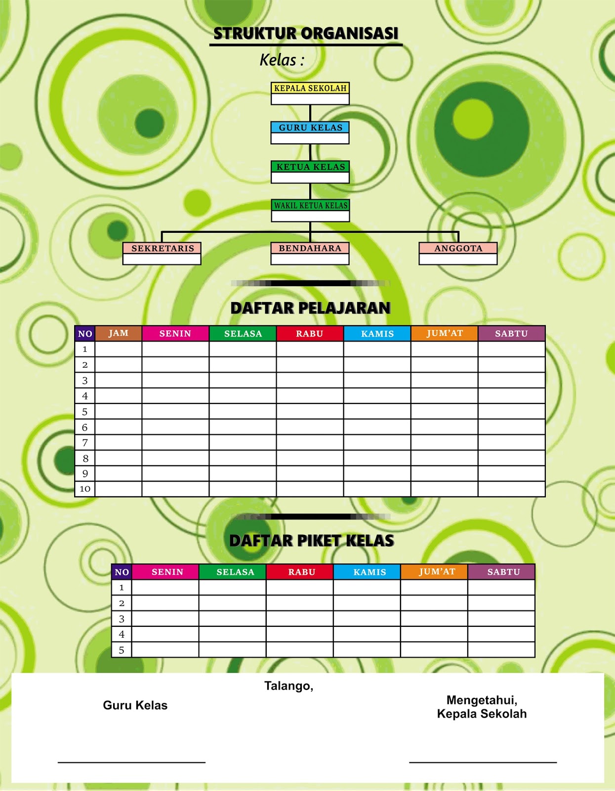 Struktur organisasi kelas dibuat dengan desain yang simple namun tetap menarik dengan dimensi gambar sebesar 90 x 70