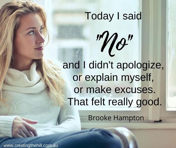 Today I said No - and I didn't apologize,  or explain myself,  or make excuses. That felt really good. Brooke Hampton quote