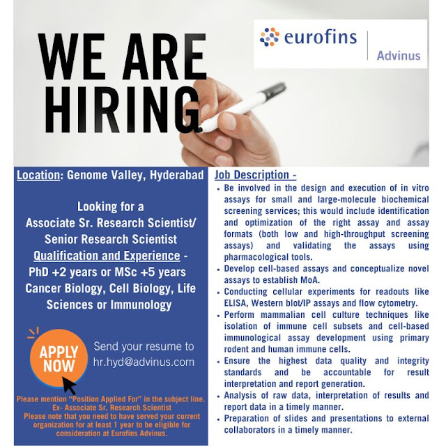 Eurofins Hiring For Sr Research Scientist/ Senior Research Scientist