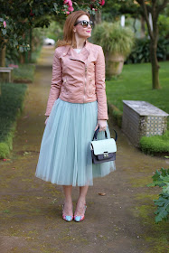 Outfits, tulle skirt, mint tulle skirt, Sodini bijoux necklace, pink faux leather biker jacket, Fashion and Cookies, fashion blogger