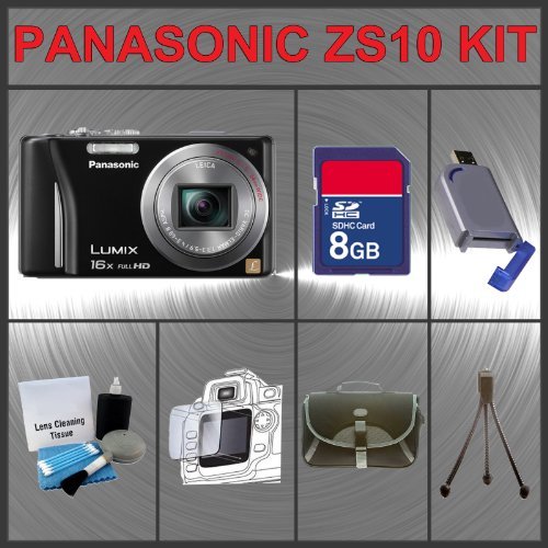 Panasonic Lumix DMC-ZS10 Digital Camera Huge Accessories Package Including 8GB SDHC Memory Card + Hi-Speed SD Card Reader + Table Top Tripod + LCD / Lens Cleaner Kit + Carrying Case + LCD Screen Protectors Kit