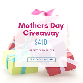 Come and enter the Mothers Day Giveaway! Enter for your chance to win gift cards totaling $410! Winners choice of gift card