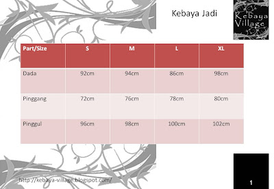 Kebaya Jadi Size Chart (Terms and Conditions applies)