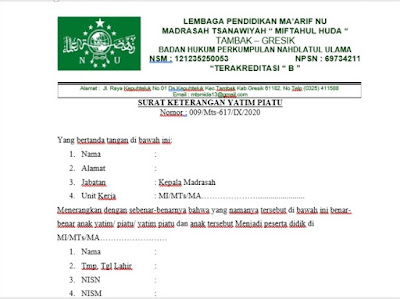 Contoh Format Surat Keterangan Yatim Piatu Yatim Piatu Dari Kepala Madrasah Admin Bawean