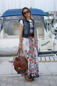 Bershka vest, floral maxi skirt, wedges, boho look, Fashion and Cookies