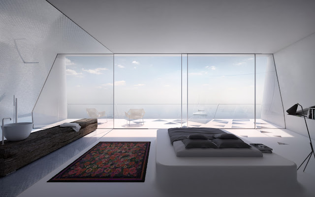 Bedroom with the glass wall and ocean view