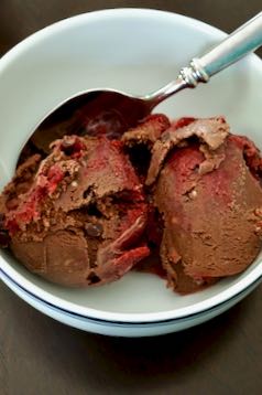 Dark Chocolate Raspberry Swirl Ice Cream with Chocolate Chips: Savory Sweet and Satisfying