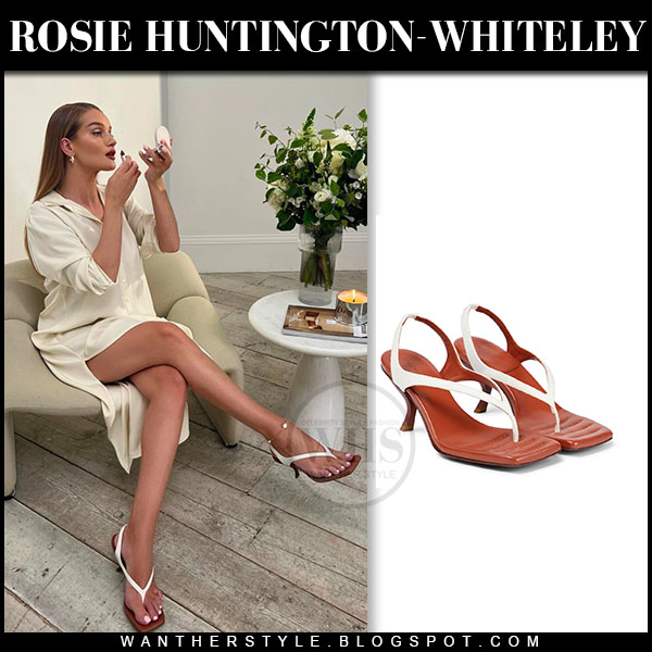 Rosie Huntington-Whiteley in white silk dress and white sandals