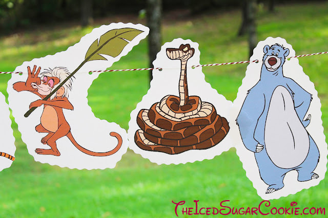 DIY Jungle Book Birthday Party Flag Hanging Banner Ideas- Mowgli, Baloo, Shere Khan, Bagheera, Kaa, King Louie Monkey Servant The Iced Sugar Cookie