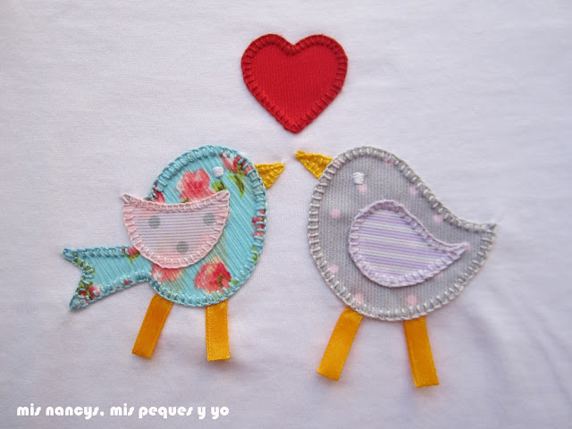 mis nancys, mis peques y yo, tutorial aplique en camiseta, birds in love, punto festón detalle