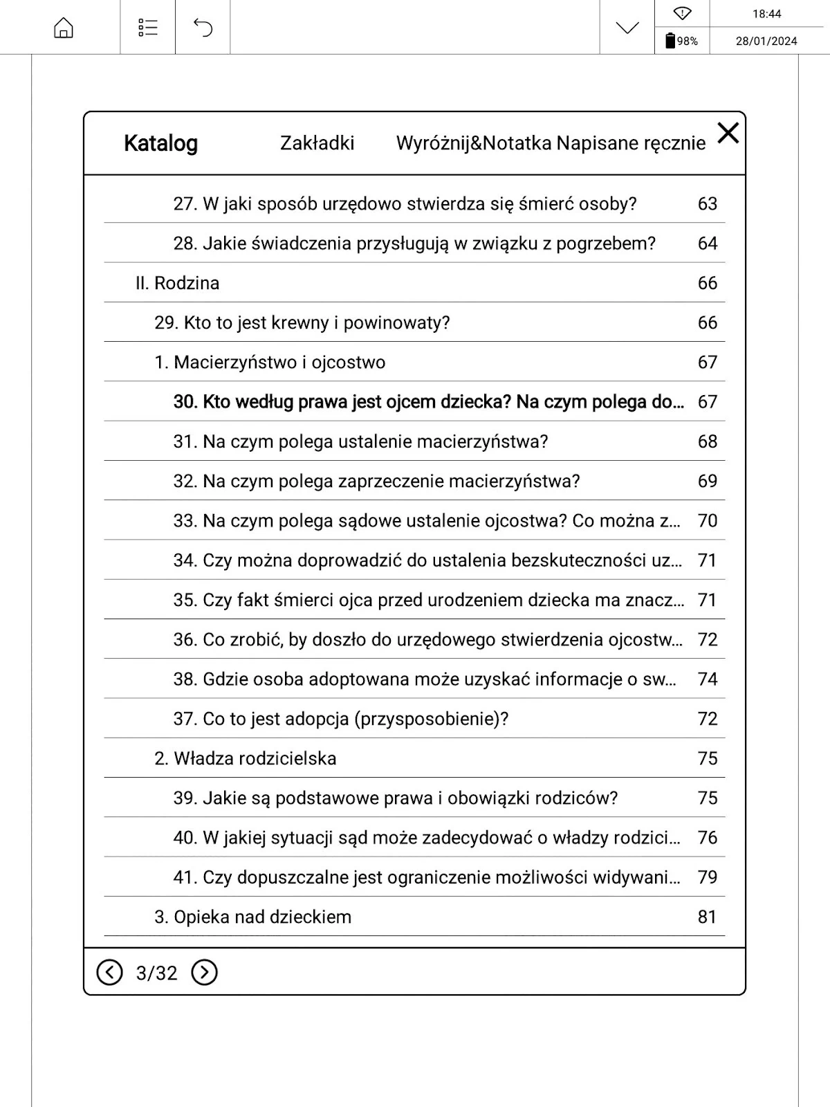 Wielopoziomowy spis treści w pliku PDF otwartym w aplikacji Xreader na PocketBook InkPad X Pro