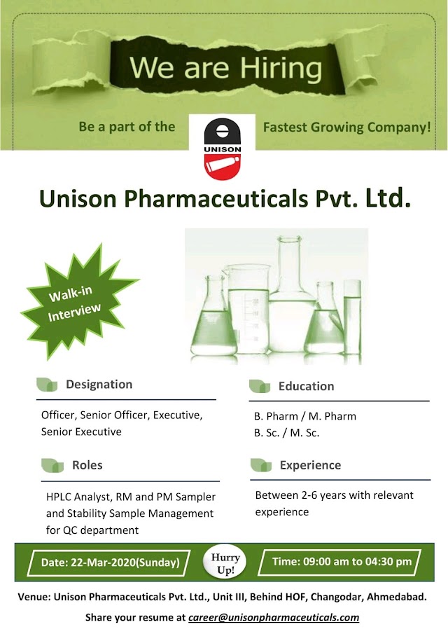 Unison Pharma | Walk-in for QC at Ahmedabad on 22 Mar 2020