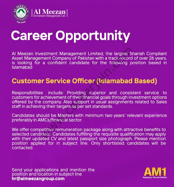 Al Meezan Investment Management Ltd Jobs Customer Service Officer