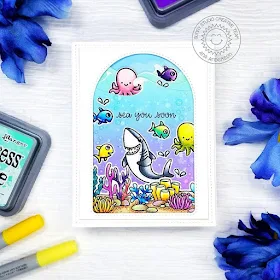 Sunny Studio Stamps: Sea You Soon Tropical Scenes Stitched Arch Dies Catch A Wave Dies Everyday Card by Ana Anderson