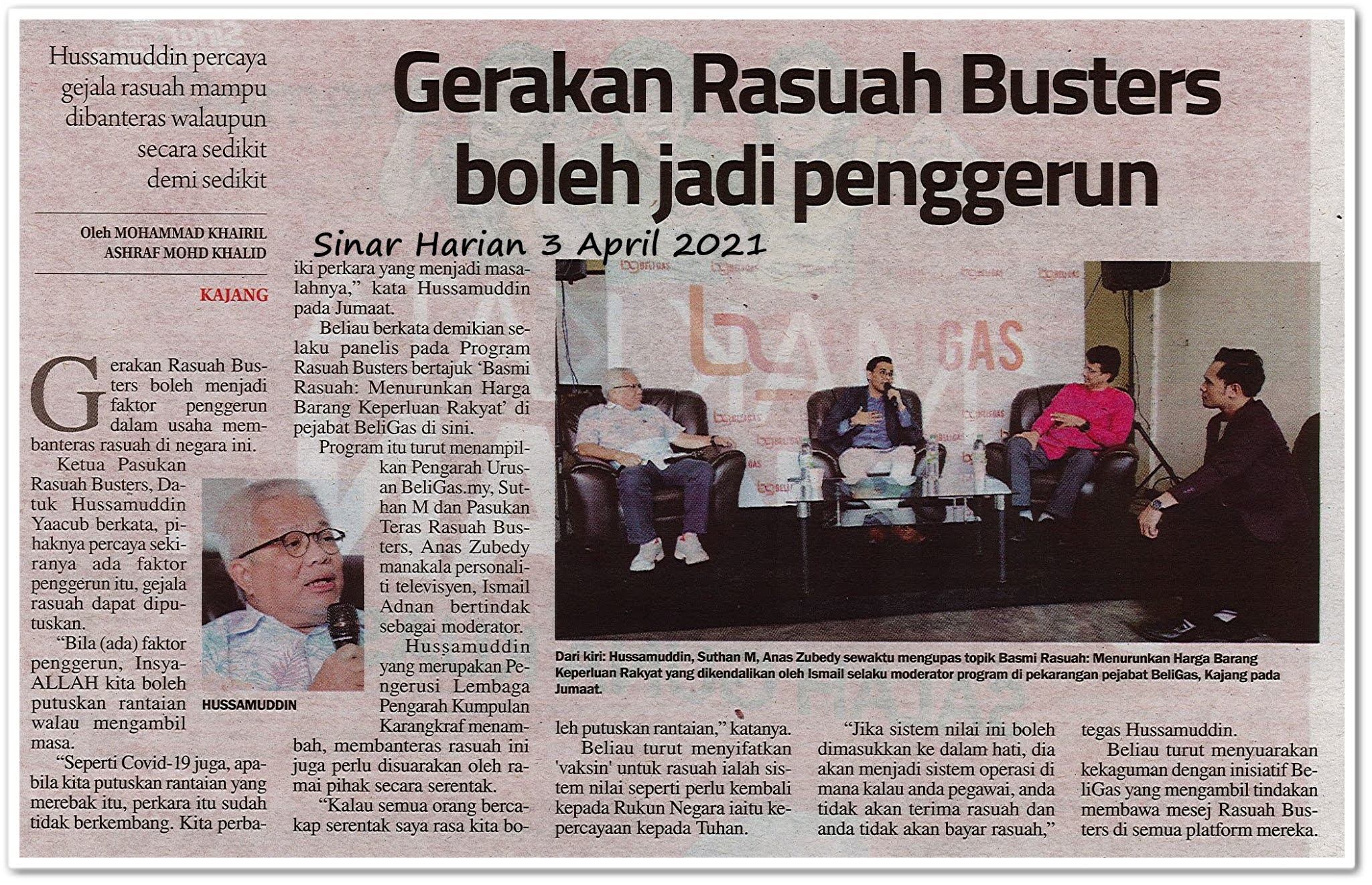 Gerakan Rasuah Busters boleh jadi penggerun - Keratan akhbar Sinar Harian 3 April 2021