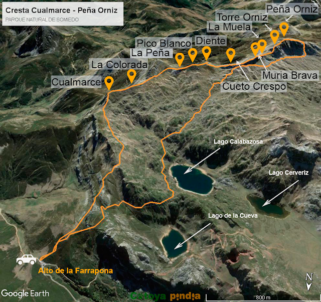 Mapa de la ruta, desde Cualmarce a Peña Orniz en el Parque Natural de Somiedo