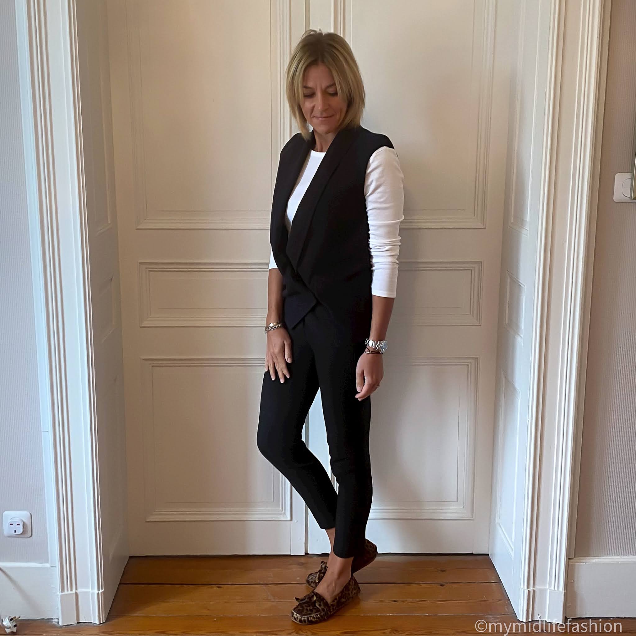 my midlife fashion, marks and Spencer long sleeve t shirt, j crew Cameron cropped cigarette pants, ba&sh sleeveless jacket, Isabel Marant Etoile leopard print loafers