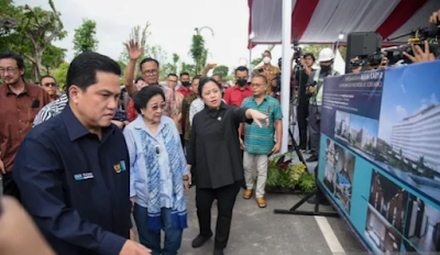 Ketua DPR RI, Puan Maharani dan Menteri BUMN, Erick Thohir saat mendampingi Megawati Soekarnoputri meninjau pembangunan Rumah Sakit Internasional Bali.