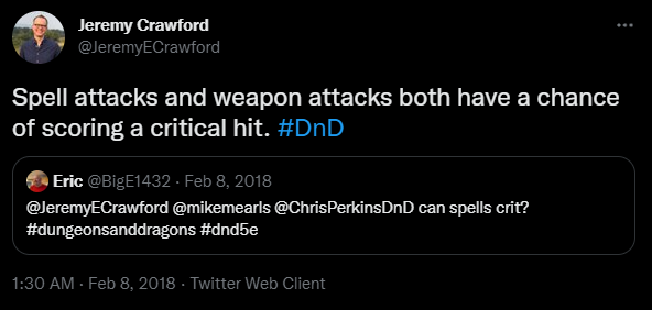 Didge and Dragons - Jeremy Crawford Tweet - Spell Attacks