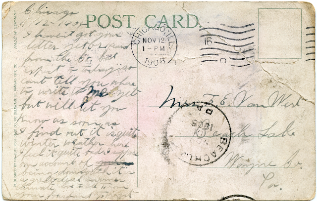 Back of the postcard including Forrest Van Wert's handwriting