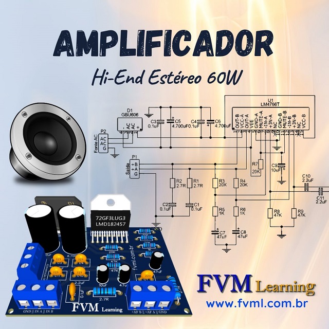 Amplificador de Som Hi-End Estéreo 60W Utilizando o CI LM4766 + PCI - fvml