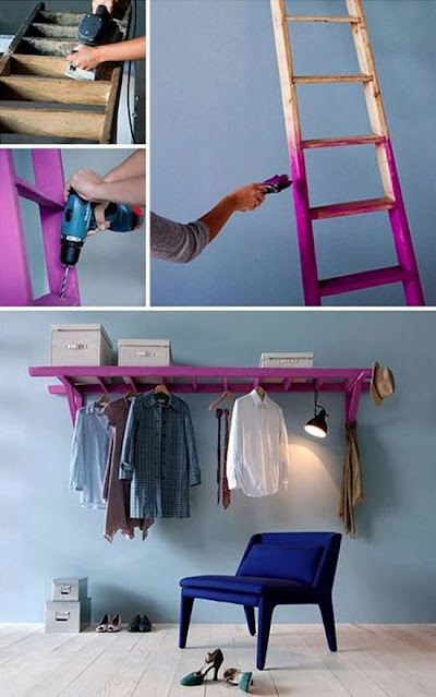 Prateleira feita com escada é guarda roupa alternativo