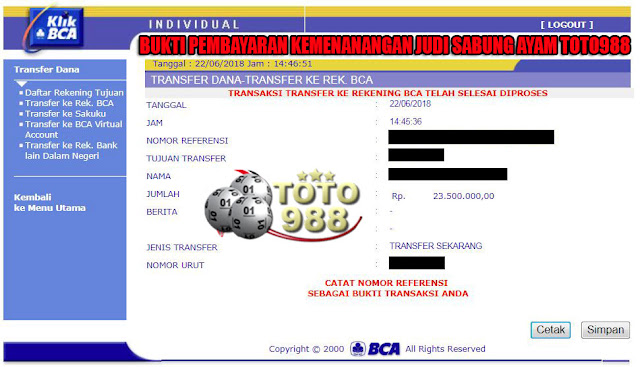 Bukti pembayaran menang judi sabung ayam member TOTO988