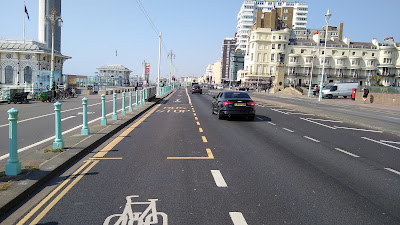 A view of the cycle lane being interrupted by a bus stop.