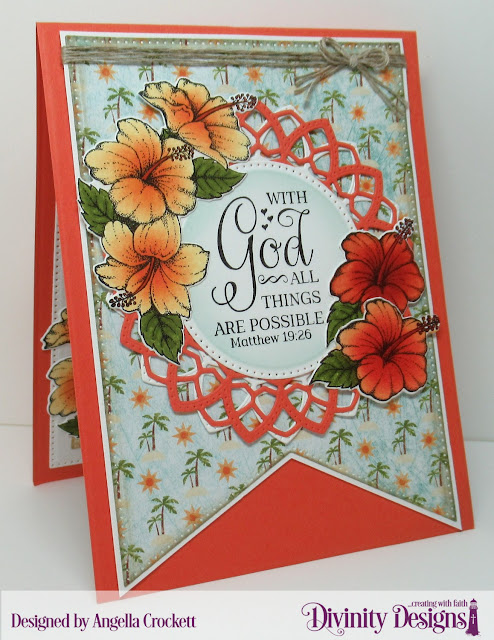 Divinity Designs LLC: Great Faith Stamp/Die Duos, By The Shore Paper Collection; Custom Dies: Twist & Pop with Layers, Sentiment Strips, Delicate Doily, Large Banners, Pierced Circles, Pierced Squares, A2 Card Base with Layer; Card Designer Angie Crockett