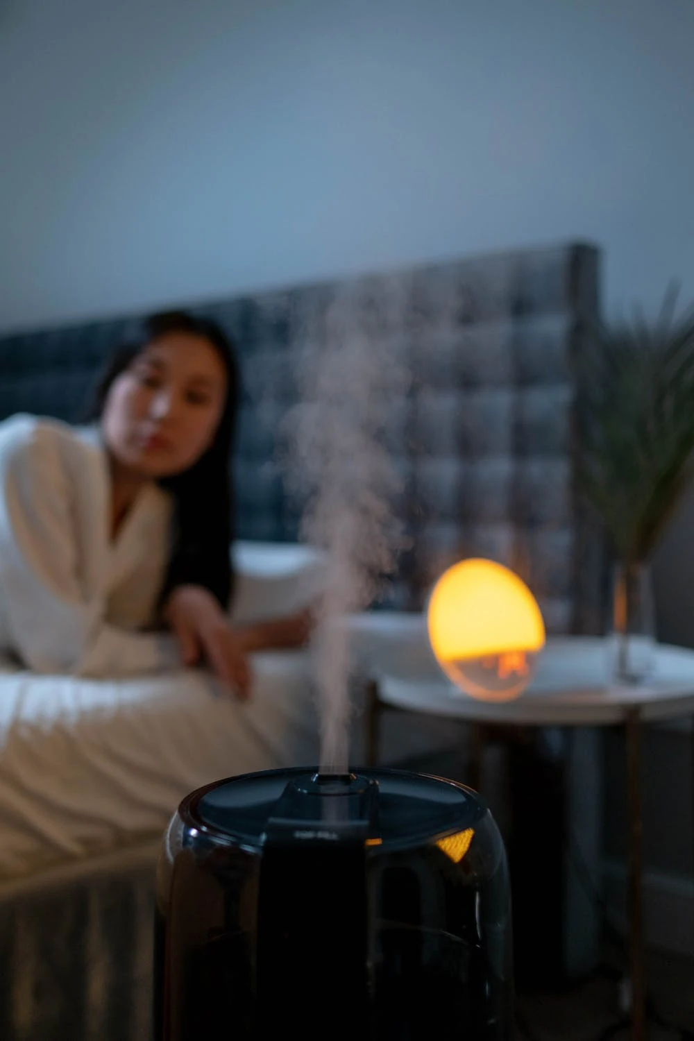 a picture of working humidifier with a woman in the background