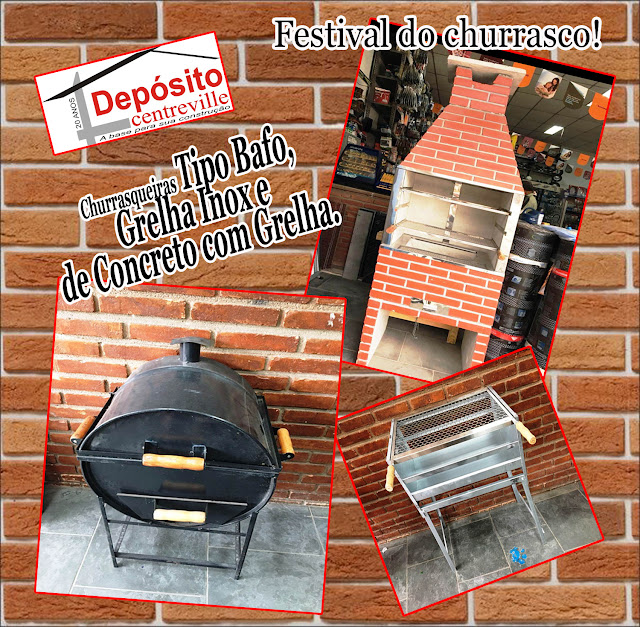 Festival do Churrasco Depósito Centreville! Churrasqueira Tambor Pequena "Tipo Bafo" R$ 180,00 Churrasqueira Galvanizada com grelha Inox R$ 120,00 Churrasqueira de concreto com Grelha 65 cm R$ 590,00