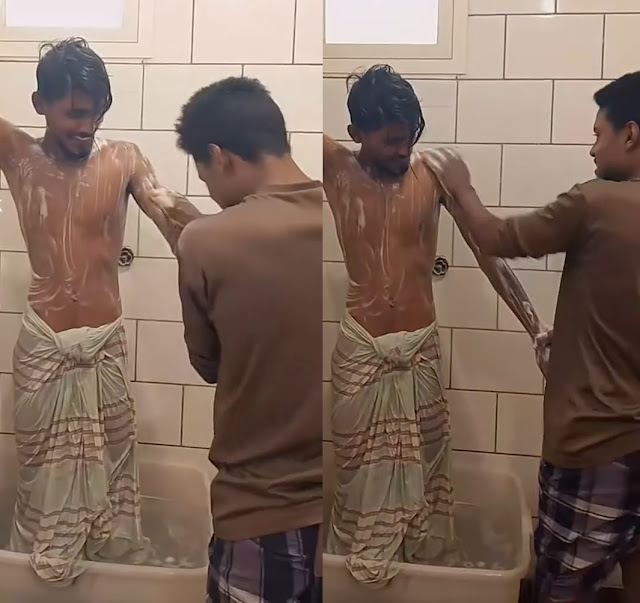 Boys Bathing with Father and Brothers - Male Puberty - Bathing with Lungi - Wet Lungi