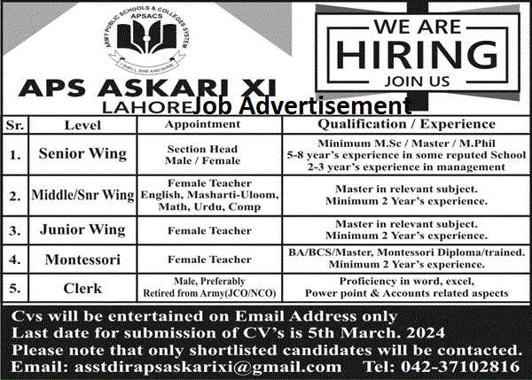 Army Public School APS Askari XI Jobs 2024 - Army Jobs 2024