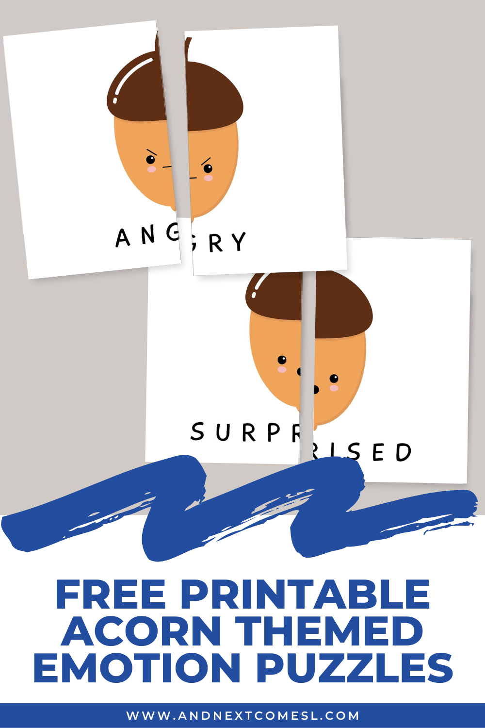 Free printable emotion puzzles with acorn emoji faces - great for toddlers, preschool, and kids of all ages!