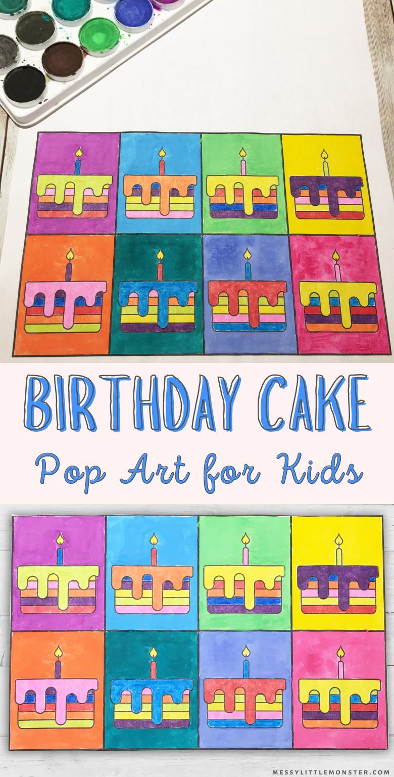 Handmade birthday card. Birthday cake pop art for kids. Printable birthday card to colour.